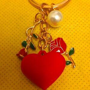 Heart and Double Rose Keychain/Bag Charm with Faux Pearl Accent